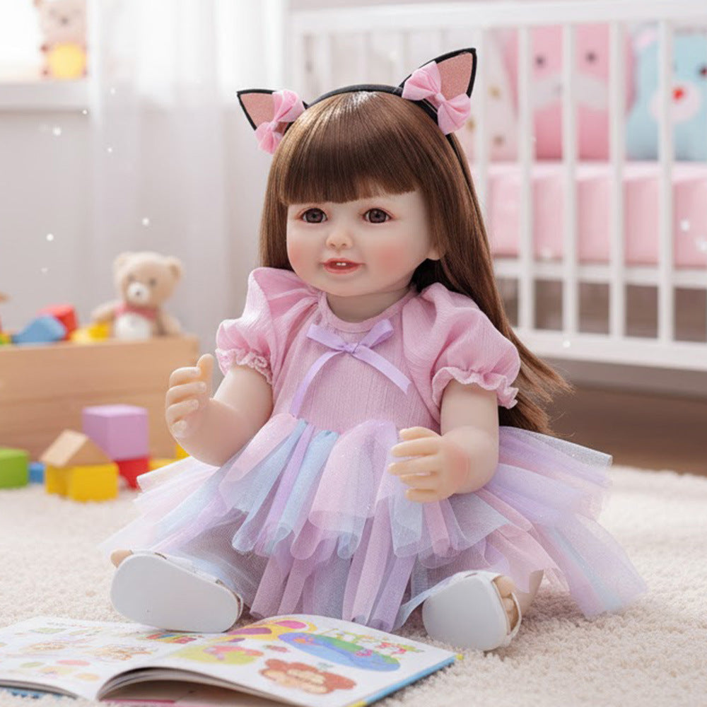 Englisch Russisch Spanisch Weinende und lachende Dialog 22 Zoll Vollkunststoff Wiedergeburt Puppe Simulationsbabypuppe Mädchen