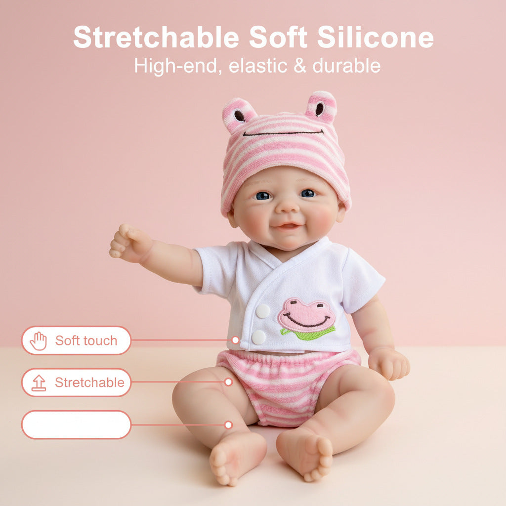 12-Zoll-Reborn-Puppe aus Vollsilikon mit rosa Froschmütze, Simulations-Spielzeugpuppe als Geschenk