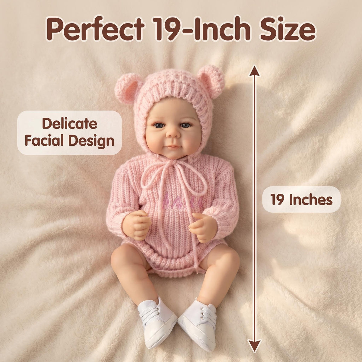19 Zoll Reborn-Babypuppe mit Ganzkörper-Vinyl, süßer, neutraler, rosa Strickanzug, Simulationspuppe für das Kinderzimmer als Geschenk für Mädchen