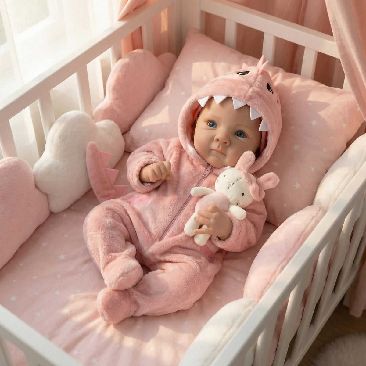 18-Zoll-Reborn-Puppe Bettie aus Vollvinyl im rosa Dinosaurier-Einteiler