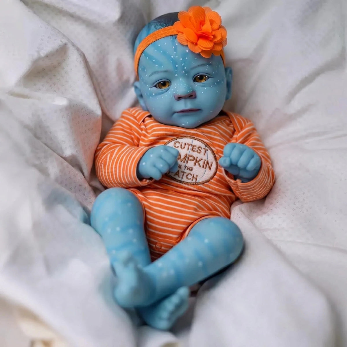 Einzigartige 48 cm (19 Zoll) Avatar-Puppe mit Ganzkörper-Vinyl, handbemalt, mit gepunkteter blauer Haut, Halloween-Outfit, beweglich, Hobby-Ausstellungsfigur