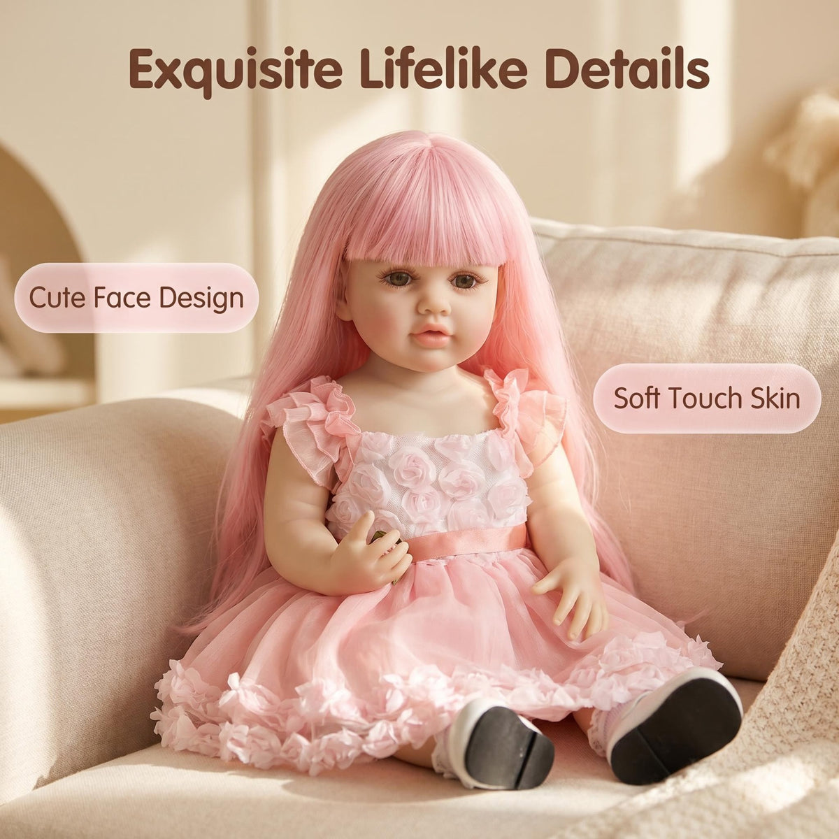 22 Zoll Full Vinyl Körper Reborn-Puppe Mädchen mit langem rosa Haar, wundervolles Geschenk für Babypartys und jeden Anlass