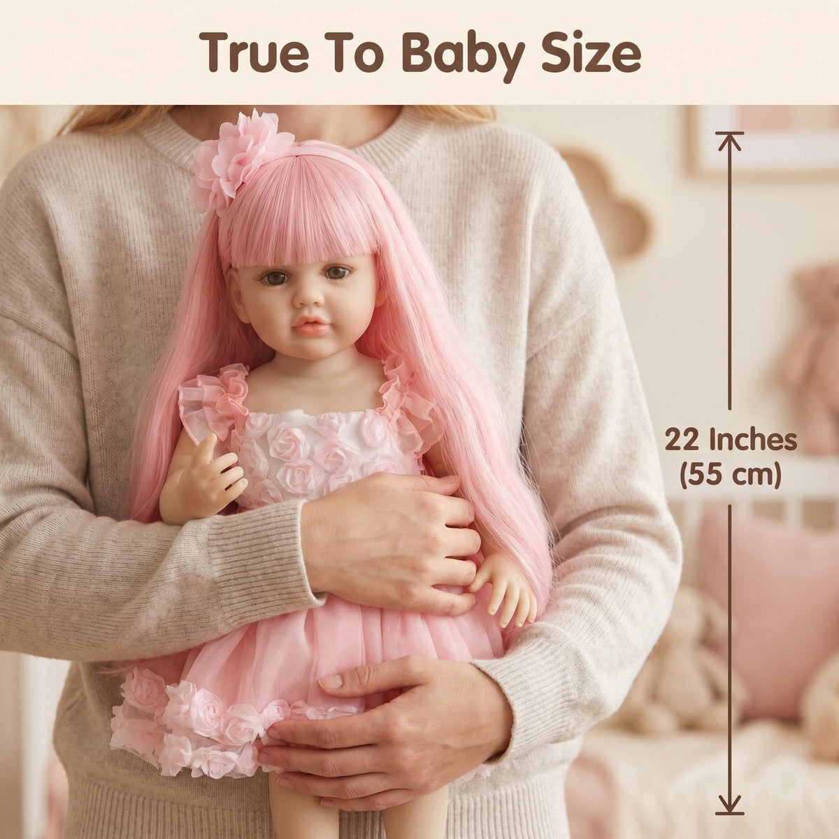 22 Zoll Full Vinyl Körper Reborn-Puppe Mädchen mit langem rosa Haar, wundervolles Geschenk für Babypartys und jeden Anlass