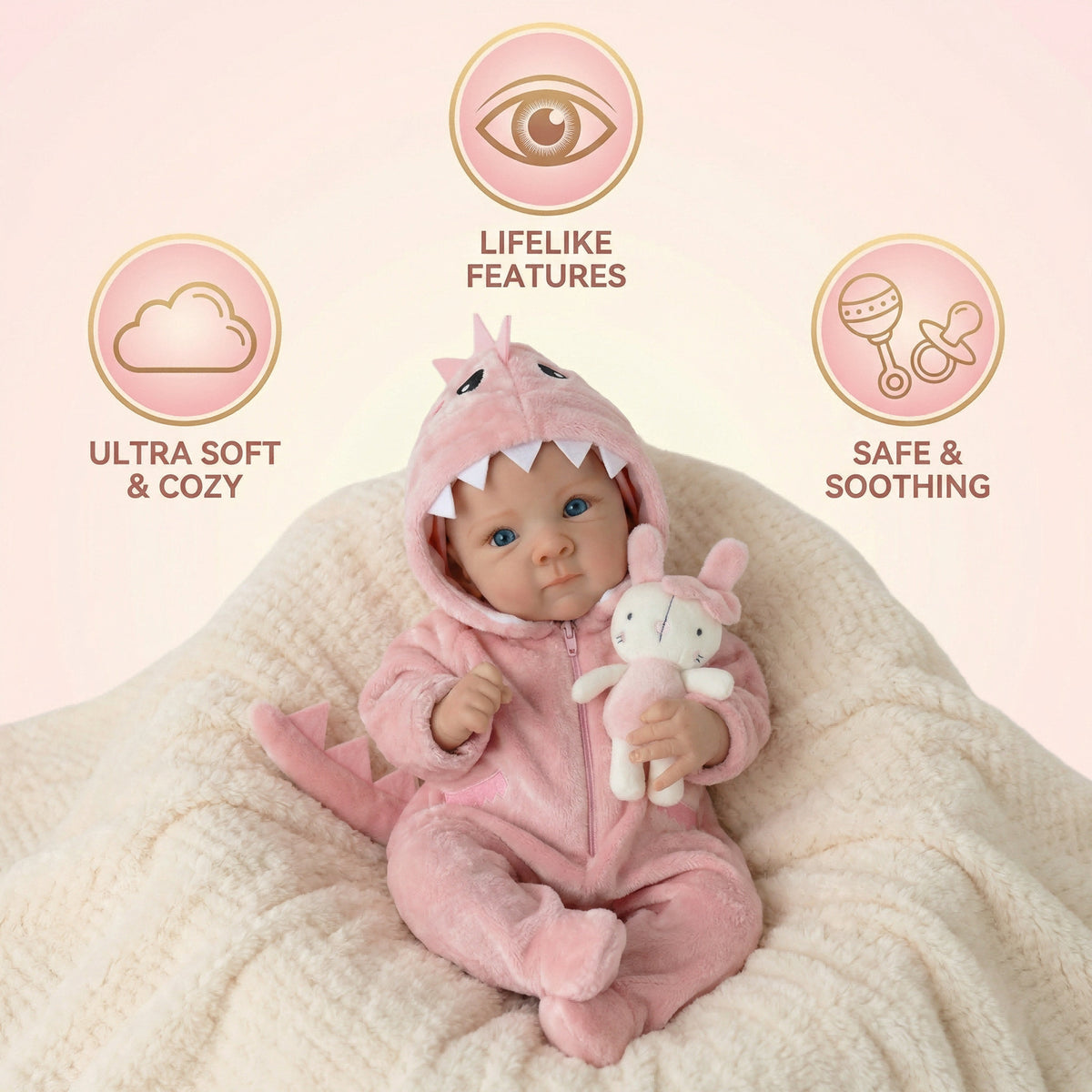 18-Zoll-Reborn-Puppe Bettie aus Vollvinyl im rosa Dinosaurier-Einteiler