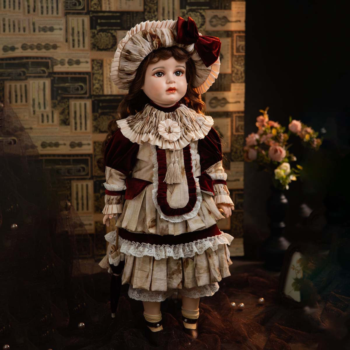26-Zoll Vintage-Puppenfigur im königlichen Suppenschüssel-Stil aus Keramik, Stoffkörper, hochwertiges Geschenk, Sammlerstück, Dekorationsartikel.