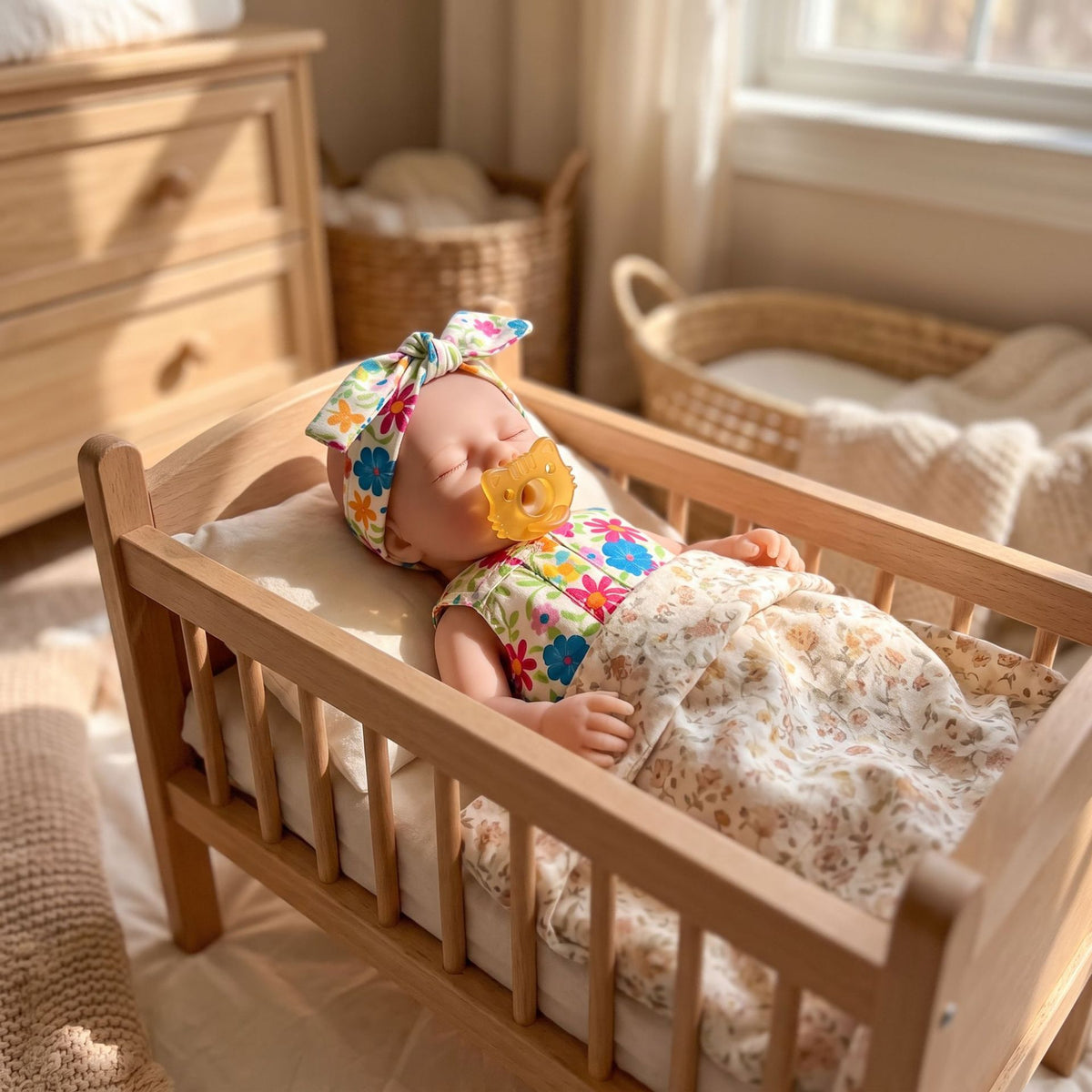 8-Zoll Reborn-Babypuppe aus Vollsilikon, schlafend, mit Blumen-Strampler und Schnuller, Mini-Begleiter als Geschenk für Geburtstag & Feiertage