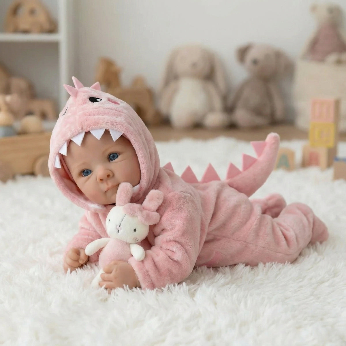 18-Zoll-Reborn-Puppe Bettie aus Vollvinyl im rosa Dinosaurier-Einteiler