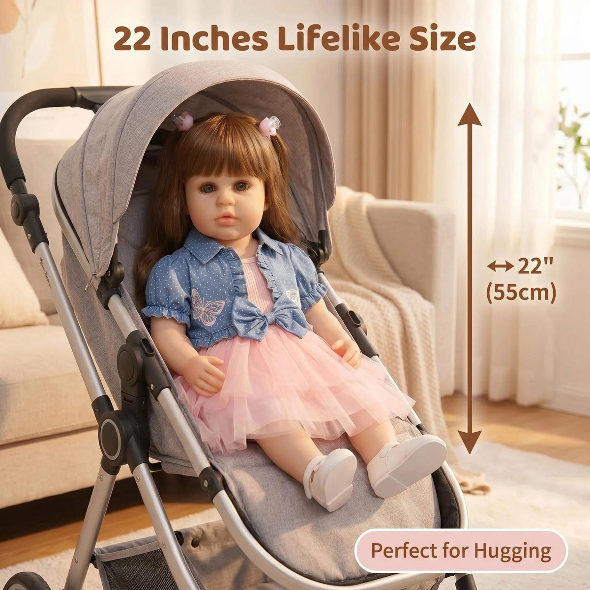 Lebensechte 56 cm stehende Kleinkind-Reborn-Puppe mit Ganzkörper-Vinyl, Netz-Tüllkleid, Komfort-Begleitspielzeug als Festtagsgeschenk