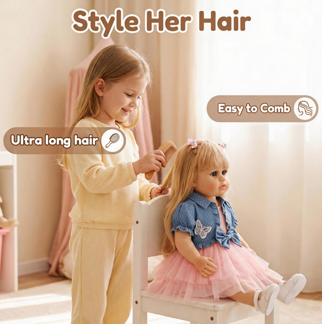 Lebensechte 56 cm große stehende Reborn-Kleinkindpuppe mit Ganzkörper-Vinyl, blonden Zöpfen, Prinzessinnen-Outfit, festliches Geschenk für Kinder und Sammler