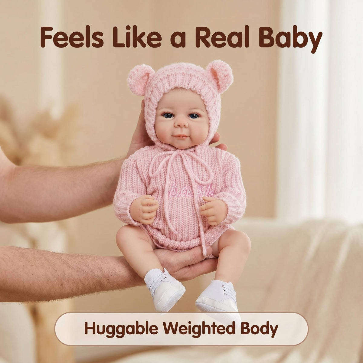 19 Zoll Reborn-Babypuppe mit Ganzkörper-Vinyl, süßer, neutraler, rosa Strickanzug, Simulationspuppe für das Kinderzimmer als Geschenk für Mädchen