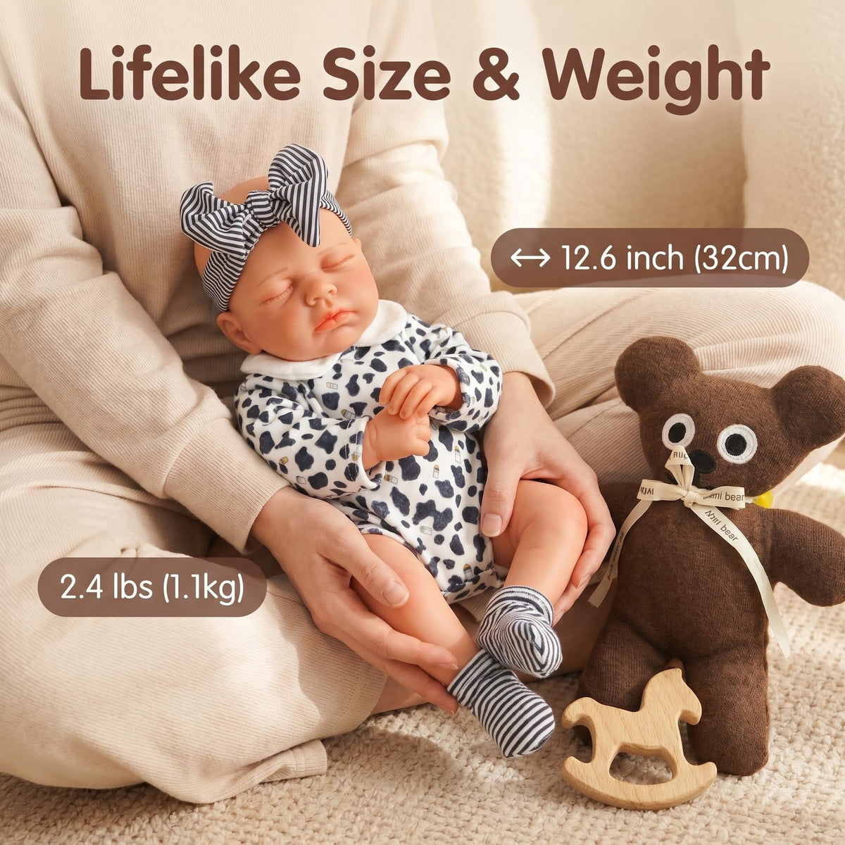 12 Zoll mit Silikonkörper, entzückendes Accessoire mit gestreifter Schleife, Begleiterspielzeug, einzigartige Geschenkidee für Geburtstagsfeiern und westliche Feste