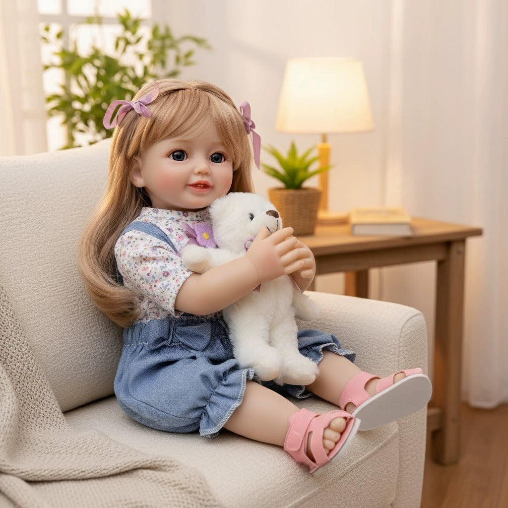 22 Zoll/55 cm Neue Reborn-Puppe Simulations-Babypuppe Spielzeug Vollvinyl lebensechte Reborn-Babypuppen mit langem Haar