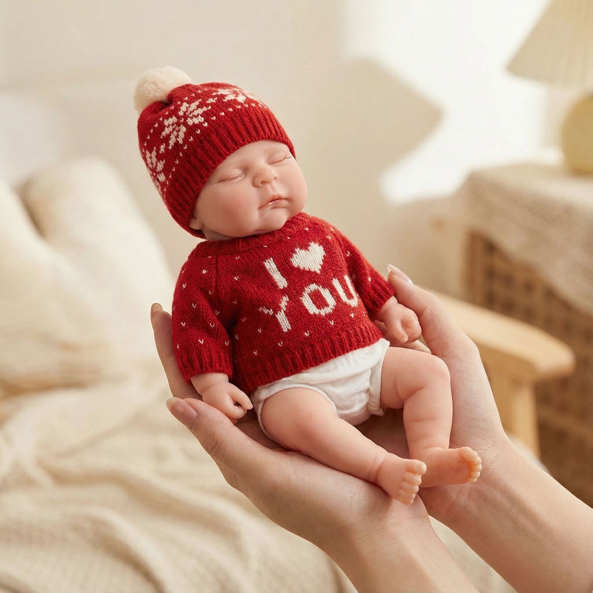 12 Zoll Reborn-Puppe aus Vollsilikon, Pfirsichfarben, mit langärmeligem rotem Pullover und Mütze