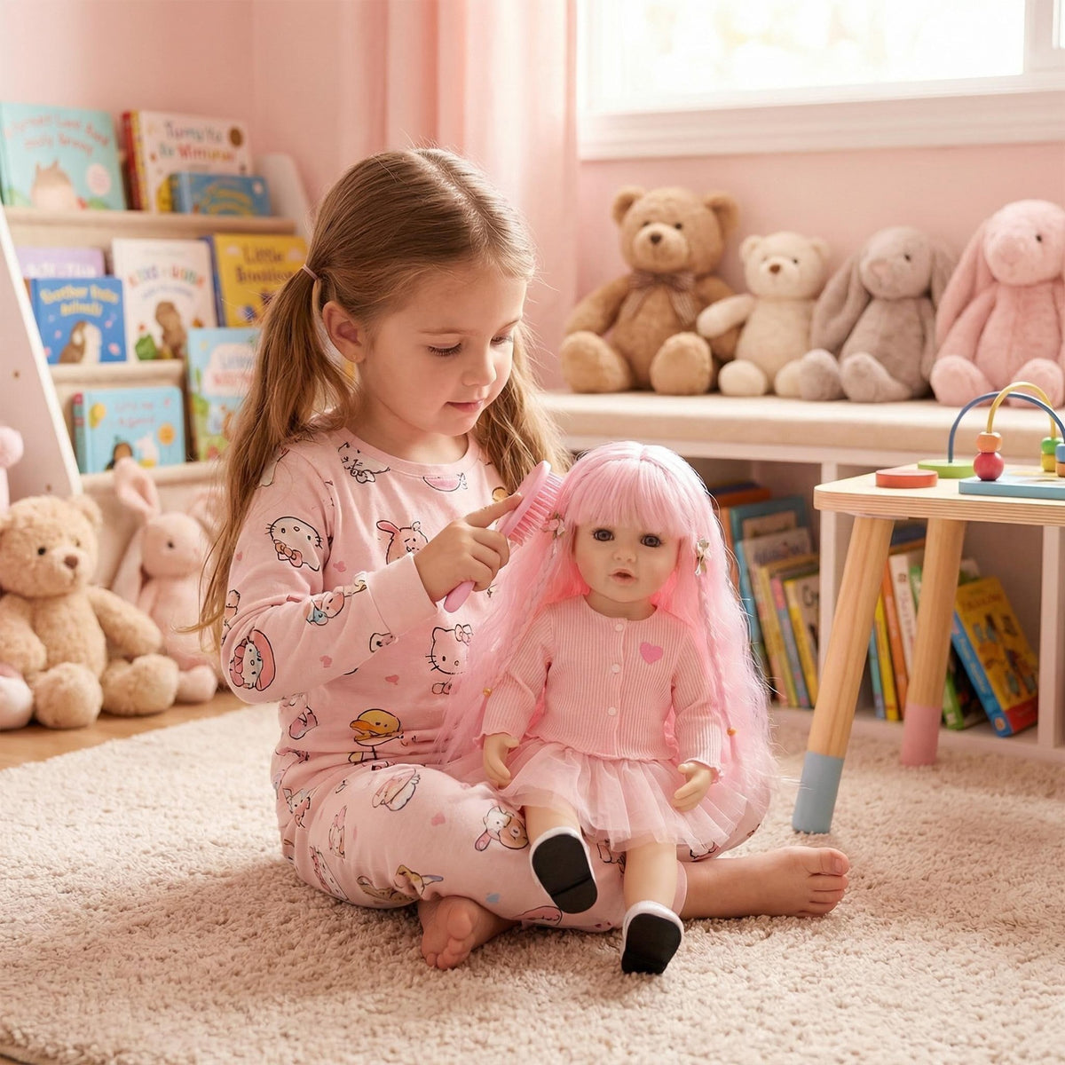 55 cm Ganzkörper-Vinyl-Reborn-Kleinkindpuppe Betty, stehfähig, lebensecht, mit rosa Haaren und 3D-bemalten Adern, realistische Babypuppe