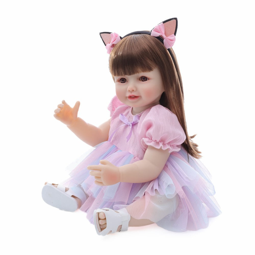 Englisch Russisch Spanisch Weinende und lachende Dialog 22 Zoll Vollkunststoff Wiedergeburt Puppe Simulationsbabypuppe Mädchen
