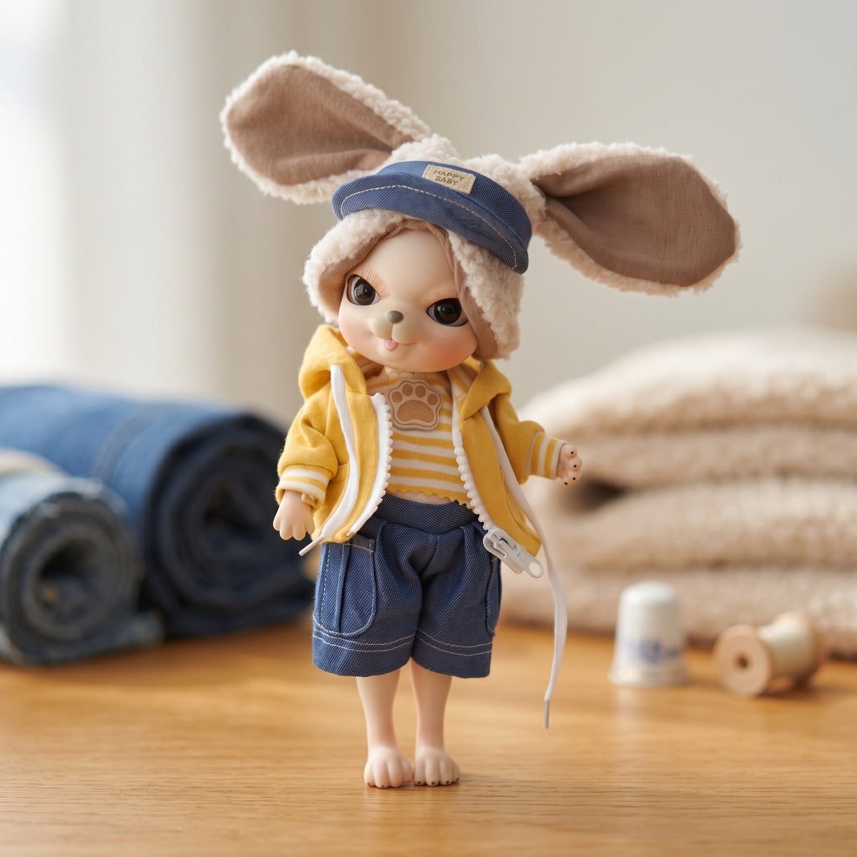 10 Zoll süßes Tier mit vollkeramischem Kugelgelenkkörper und flauschiger Ohrenmütze, Reborn-Babypuppe. Outfit Sammlerstück Dekor Geschenk
