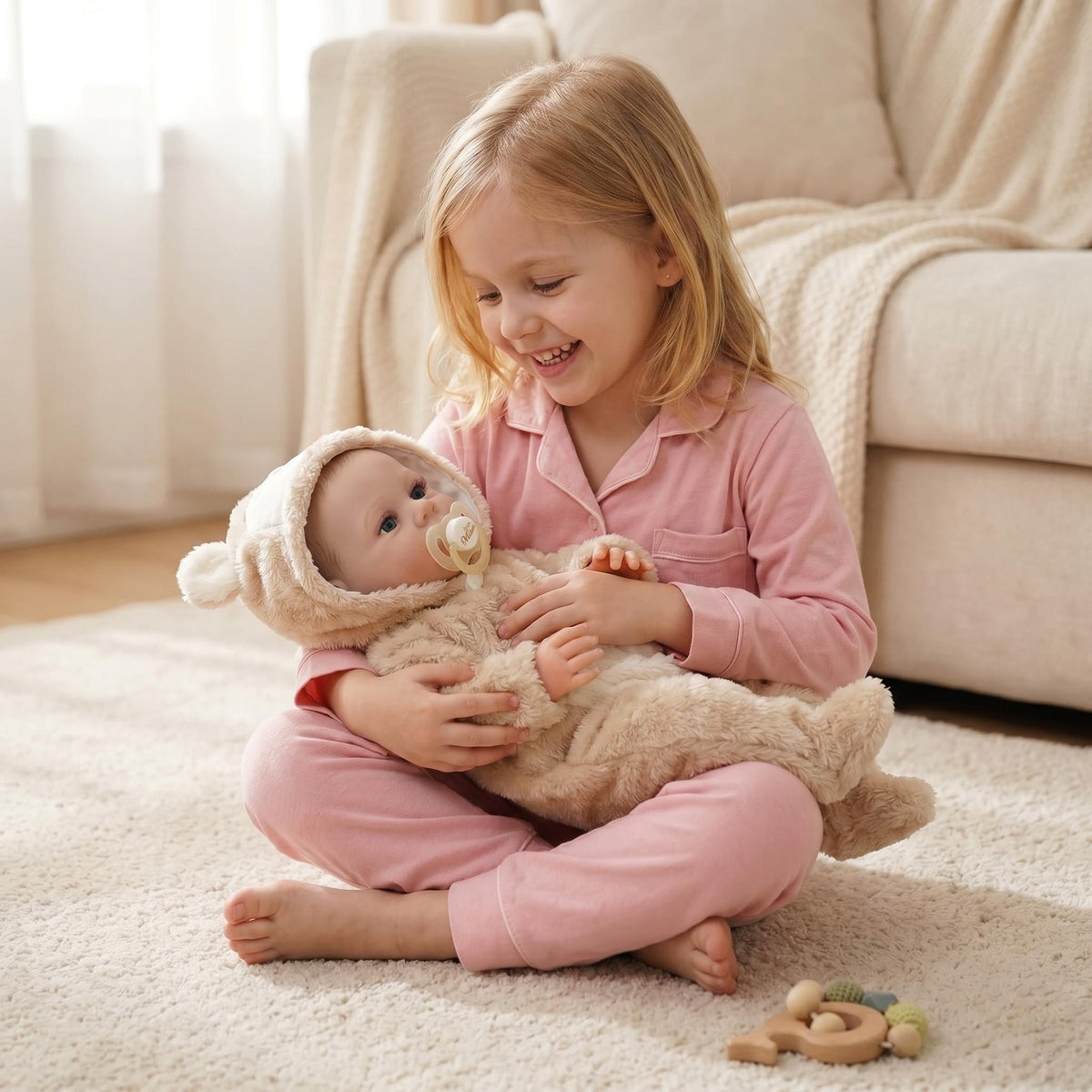 Lebensechte, offenäugige Babypuppe, 45 cm, mit Stoffkörper, Strampler mit Bärenkapuze, Begleitspielzeug, geeignet als Kinderzimmerdekoration und für Geschenke zu jedem Anlass