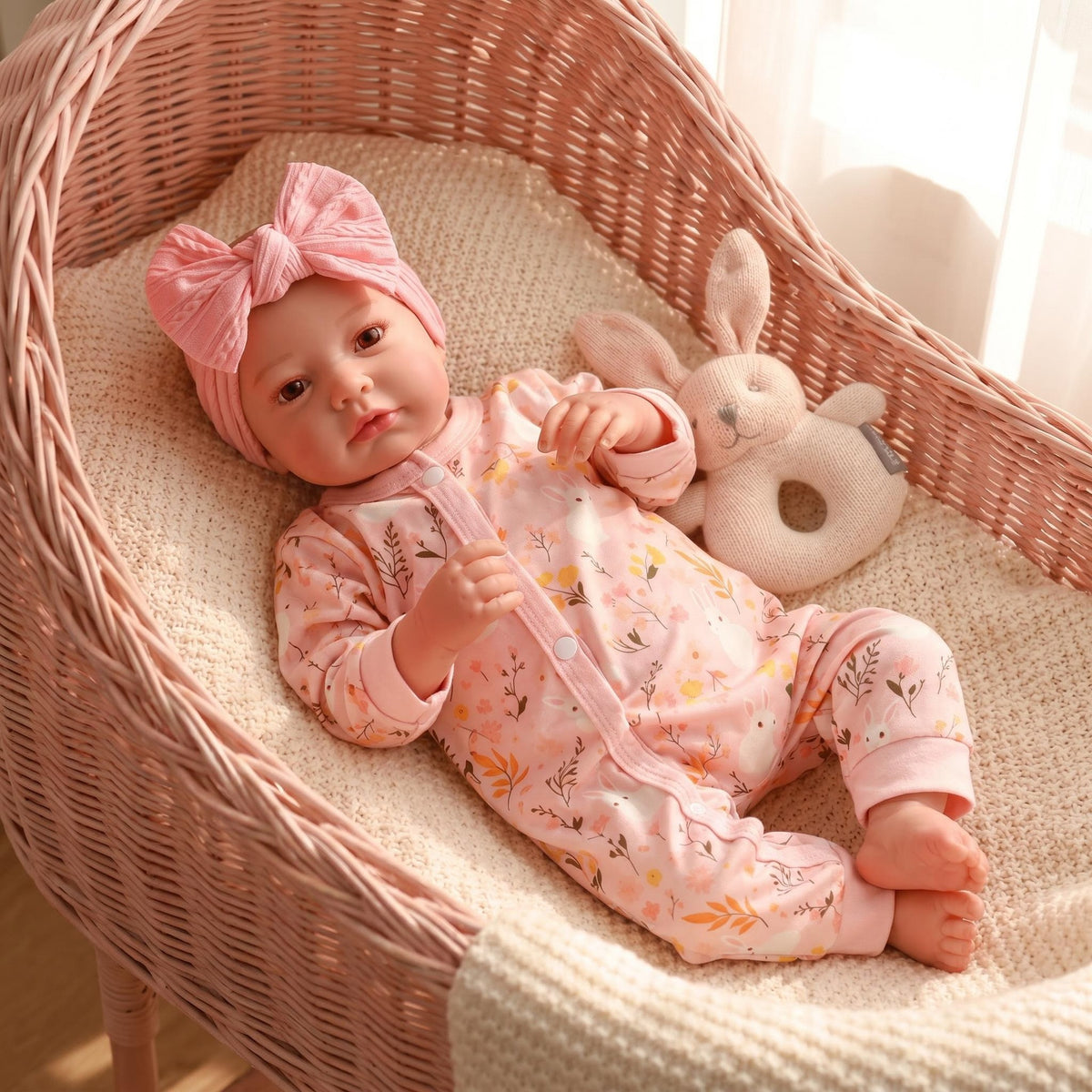 Soft Touch 19-Zoll Reborn-Puppe mit vollem Vinylkörper, floralem Hasen-Print-Reißverschluss-Strampler, komplettes süßes Outfit für Rollenspiele & Innendekoration