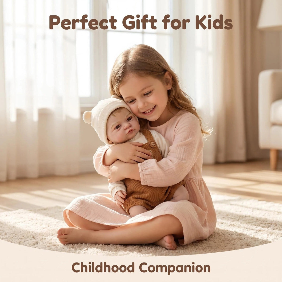 Comfort Hug 48 cm Reborn-Puppe mit Stoffkörper, cremefarbener Bärenmütze, realistischem, lebensechtem Gesicht, perfekte Dekoration für Schlafzimmer oder Kinderzimmer, Geschenk