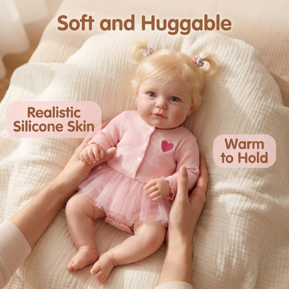 20-Zoll Reborn-Babypuppe aus Vollvinyl, mit blonden Zöpfen und rosa Herz-Tutu-Outfit, Begleitpuppe als Geburtstags- und Festtagsgeschenk