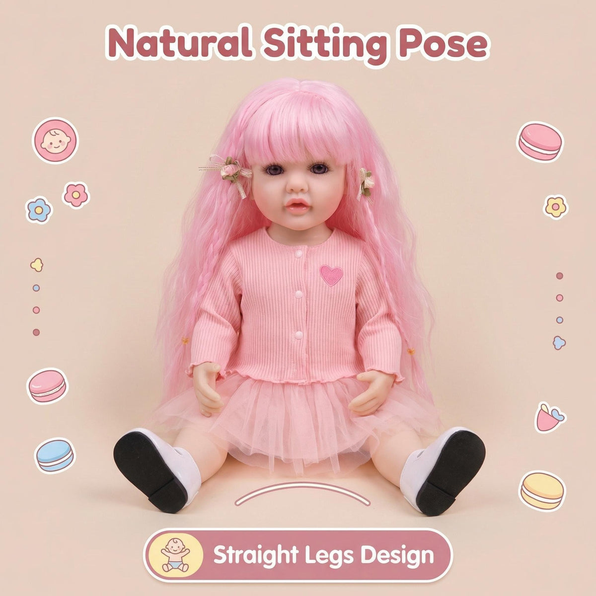 55 cm Ganzkörper-Vinyl-Reborn-Kleinkindpuppe Betty, stehfähig, lebensecht, mit rosa Haaren und 3D-bemalten Adern, realistische Babypuppe