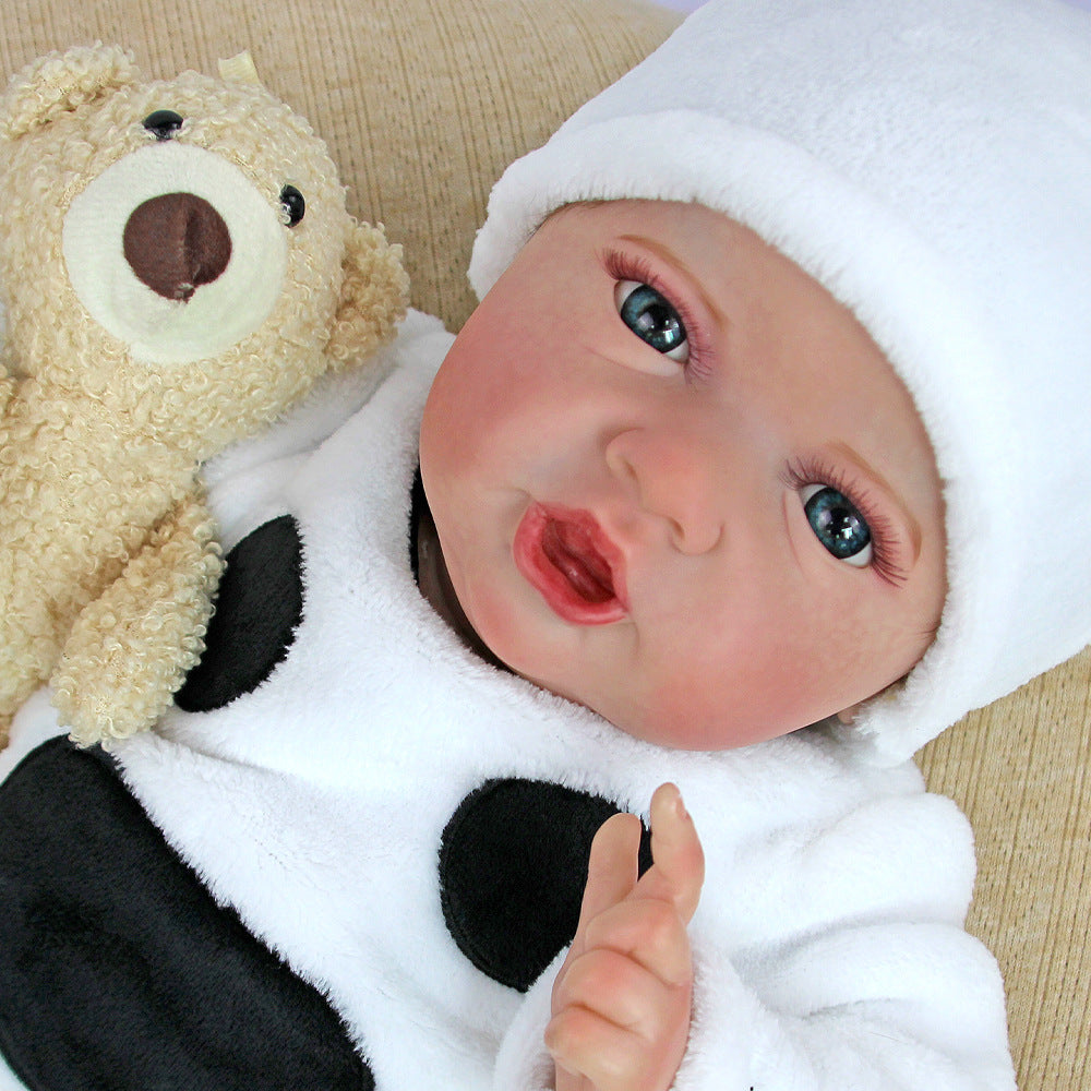 22-Zoll-Reborn-Babypuppe mit Stoffkörper und offenen Augen, süßes Plüsch-Outfit im Panda-Design, Geschenkidee für Geburtstage und Feiertage