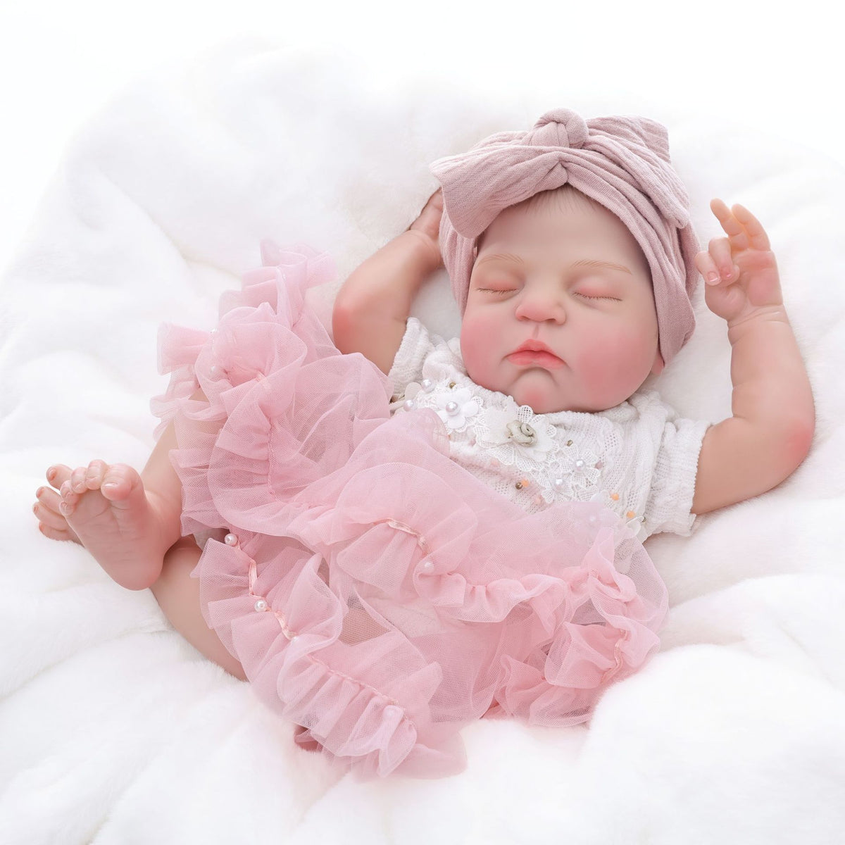Lebensechte, schlafende Reborn-Puppe, 18 Zoll (ca. 46 cm) mit Stoffkörper, verknotetem rosa Stirnband, ideales Geschenk für Mädchen und Puppensammler