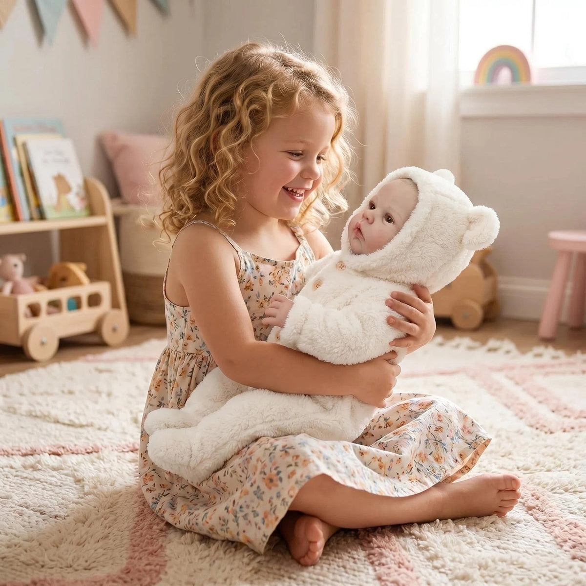 19 Zoll Reborn-Babypuppe mit Stoffkörper, wache Augen, cremefarbener, flauschiger Strampler mit Bärenohren-Kapuze und Füßchen, ideales Geburtstags- oder Weihnachtsgeschenk, kuscheliger Begleiter für Kinder und erwachsene Puppenliebhaber