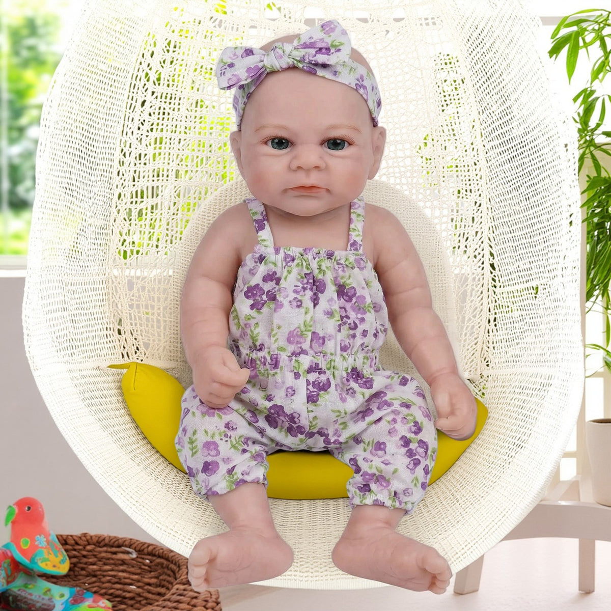 12 Zoll (ca. 30 cm) Reborn-Puppe aus Vollsilikon, lila Jumpsuit mit Blumenmuster