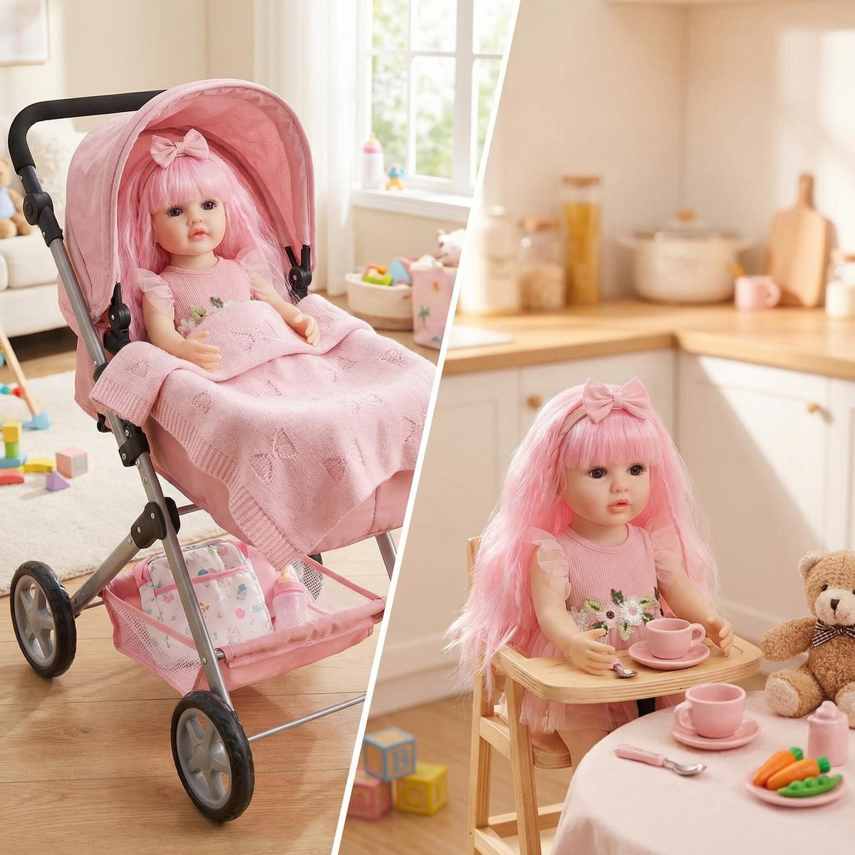 22 Zoll Betty Ganzkörper-Vinyl-Reborn-Puppe, lebensecht, rosa lockiges Haar, Mädchen, realistische 3D-Haut mit sichtbaren Adern, handgefertigte Puppe