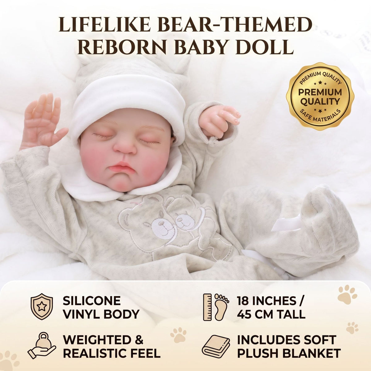 18 Zoll Reborn-Babypuppe mit Stoffkörper, schlafend, im Bären-Strampler, anschmiegsames Geschenk für Geburtstage & Feiertage