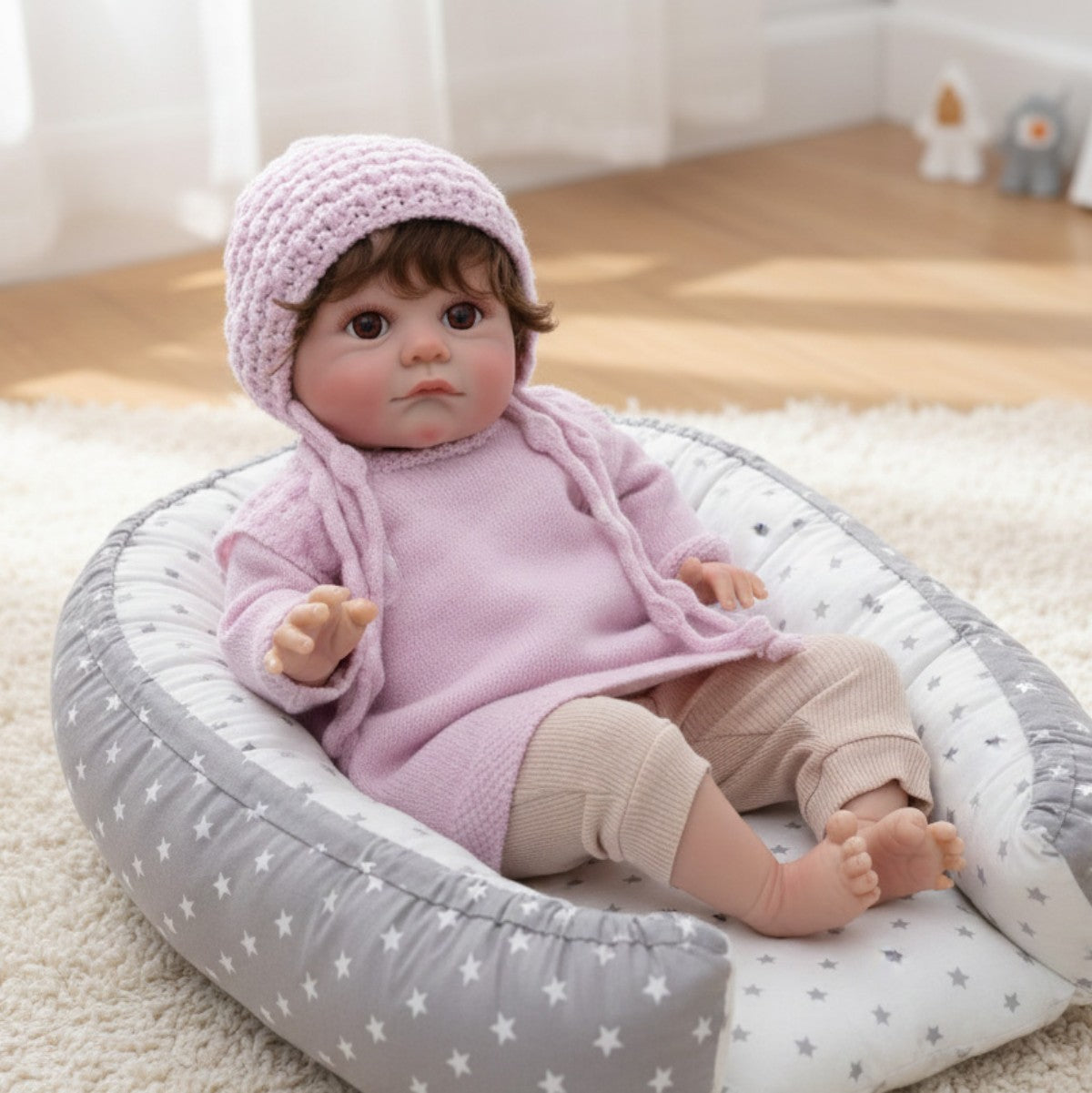24 Zoll Reborn-Puppe mit implantierten Haaren und Stoffkörper, realistisches Baby-Spielzeug für Kinder, ideales Geschenk zu Feiertagen