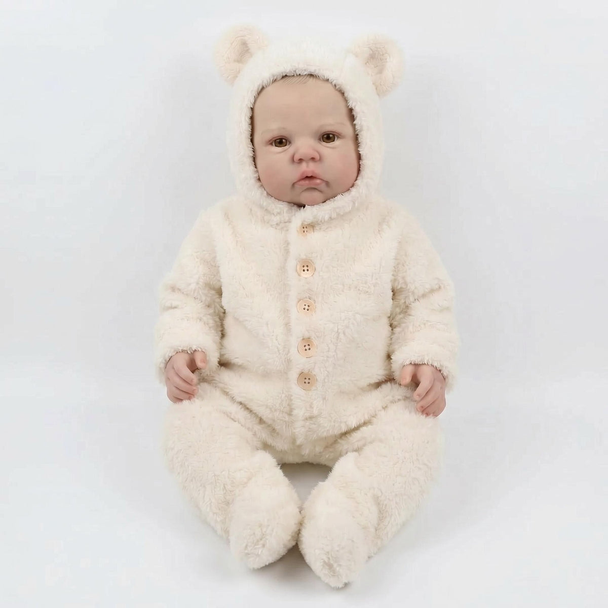 19 Zoll Reborn-Babypuppe mit Stoffkörper, wache Augen, cremefarbener, flauschiger Strampler mit Bärenohren-Kapuze und Füßchen, ideales Geburtstags- oder Weihnachtsgeschenk, kuscheliger Begleiter für Kinder und erwachsene Puppenliebhaber