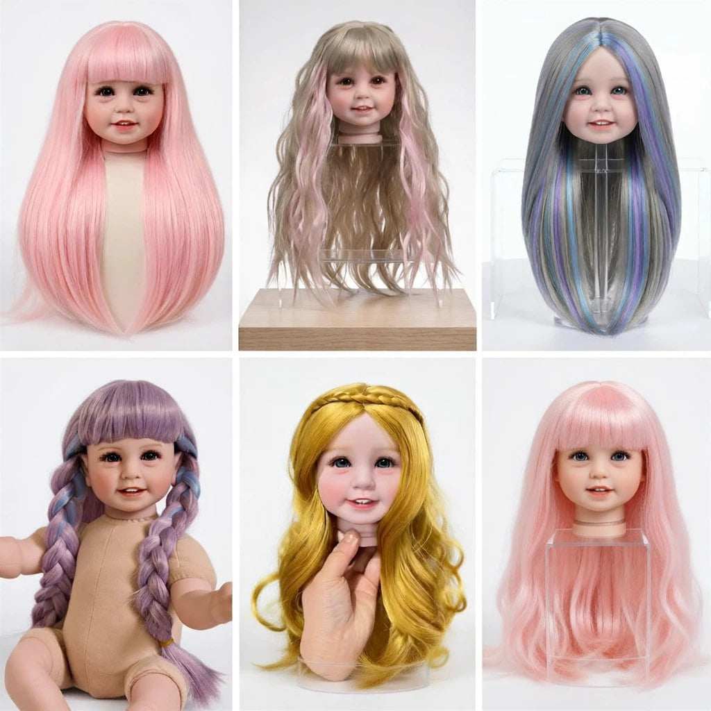 Ersatzperücke für Reborn-Puppen, langes glattes oder lockiges Haar mit Pony, in verschiedenen Farben wie Pink, Blond oder Regenbogenfarben, geflochtene Puppenperücke passend für 20–22 Zoll Reborn-Babypuppen
