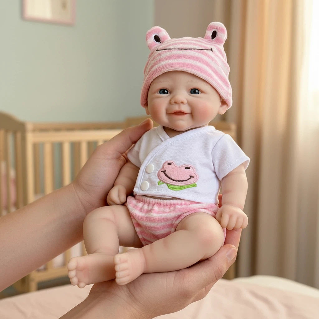 12-Zoll-Reborn-Puppe aus Vollsilikon mit rosa Froschmütze, Simulations-Spielzeugpuppe als Geschenk