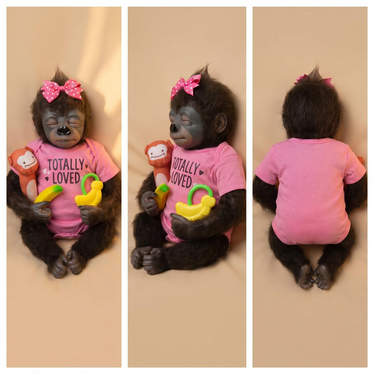 Realistische 45 cm Reborn-Affenpuppe im Tier-Design mit Stoffkörper, geschlossenen Augen und fellartiger Haut