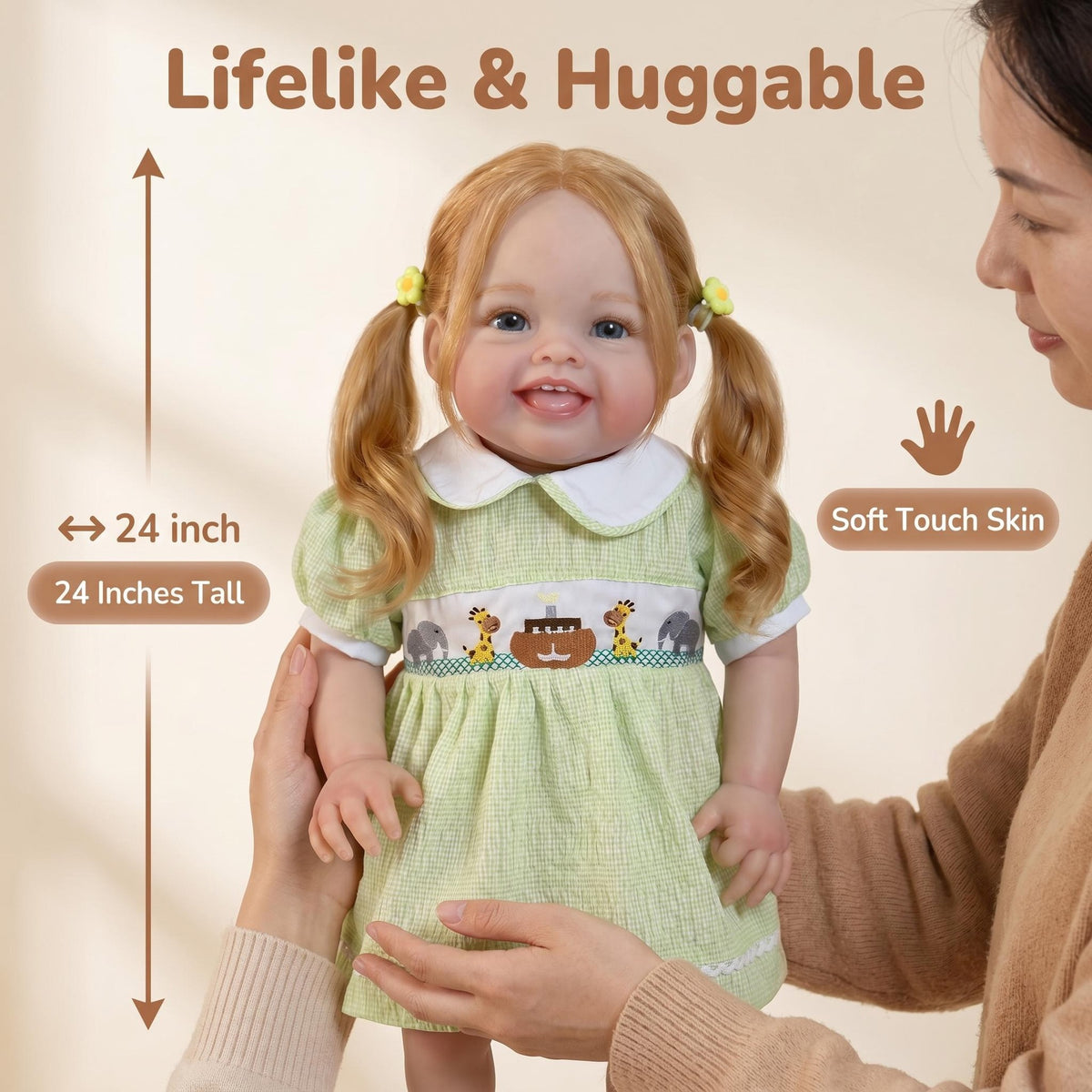Fröhliches, blondes Reborn-Mädchen mit Zöpfen, 60 cm, mit Stoffkörper und Kleid mit Tiermuster, Komfort-Begleitpuppe, einzigartiges Überraschungsgeschenk für Geburtstagsfeiern und westliche Feste