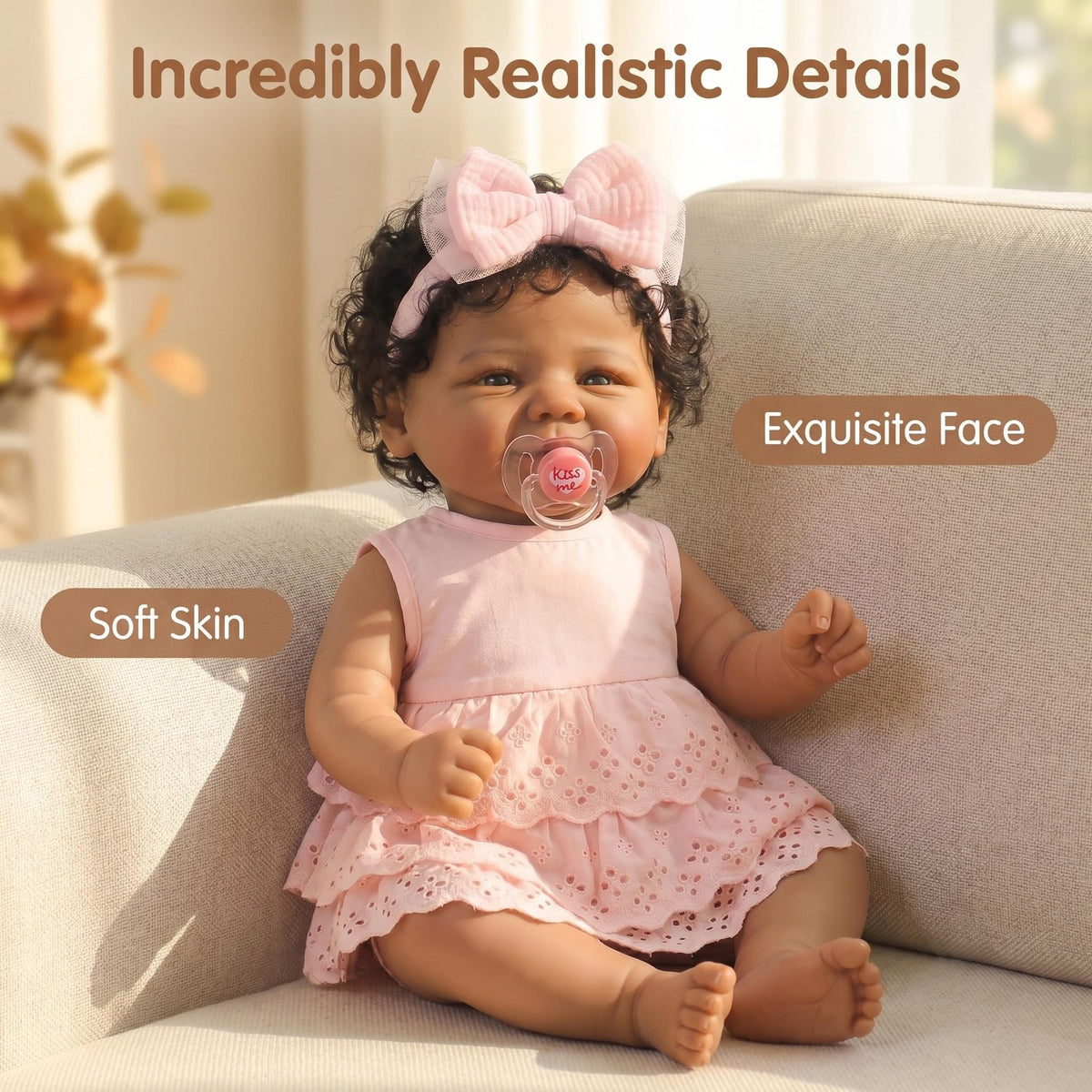 19 Zoll Reborn-Babypuppe mit Stoffkörper, rosa Lochstickerei-Kleid, großes Netzstoff-Schleifen-Stirnband, schöne Geschenkidee für Geburtstage, Weihnachten und Feiertage, kuscheliger Begleiter für Kinder und erwachsene Puppensammler
