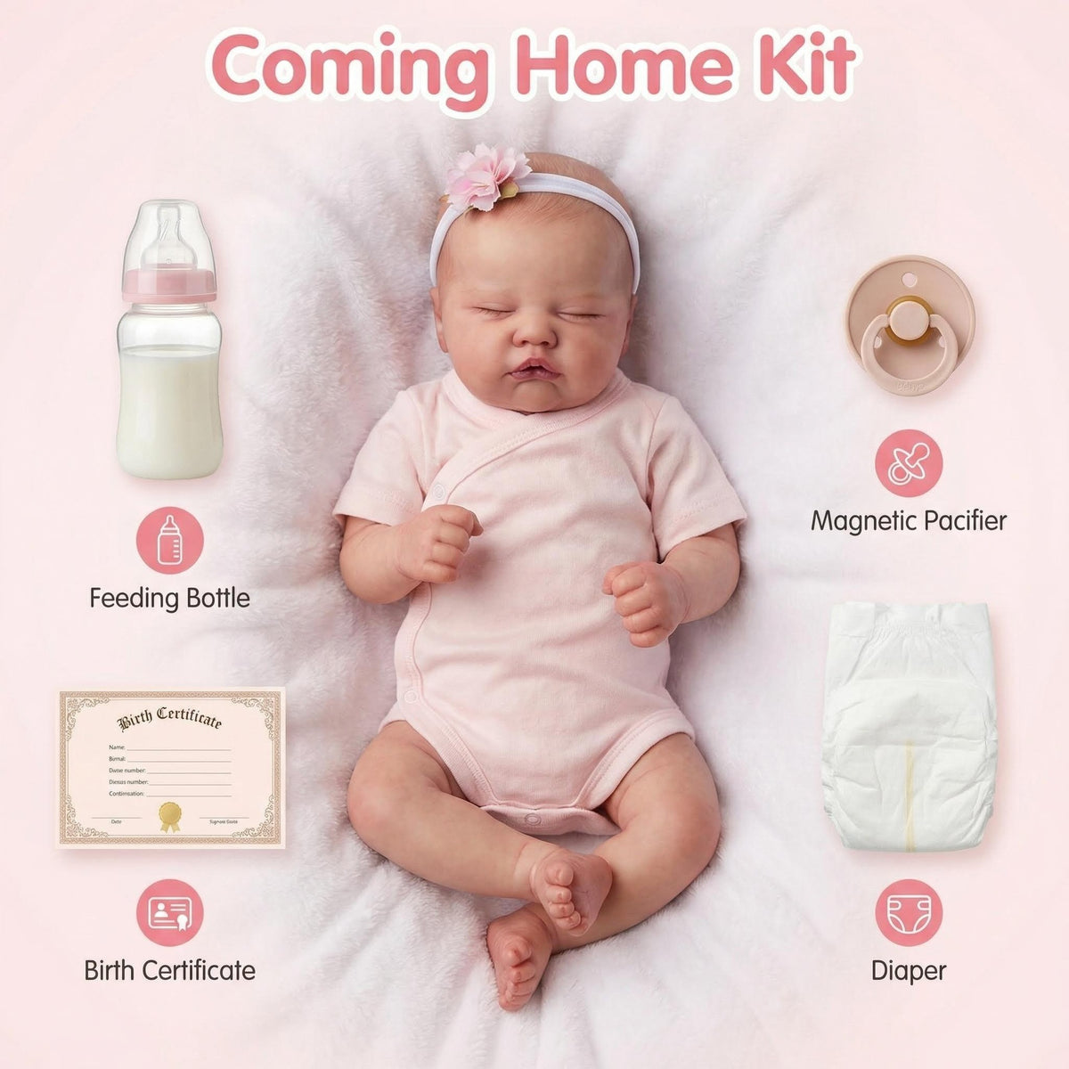 Realistische schlafende Babypuppe, 48 cm, mit Stoffkörper und Blumen-Stirnband, Begleitspielzeug geeignet für Fotoshootings im Kinderzimmer und als Geschenk für jeden Anlass