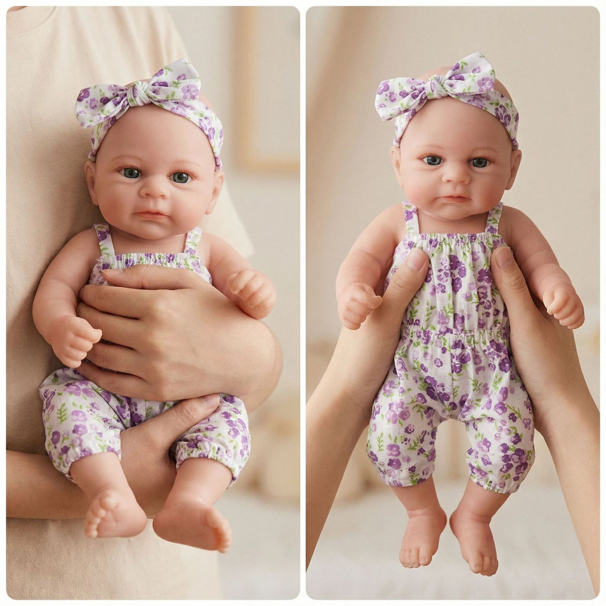 12 Zoll (ca. 30 cm) Reborn-Puppe aus Vollsilikon, lila Jumpsuit mit Blumenmuster