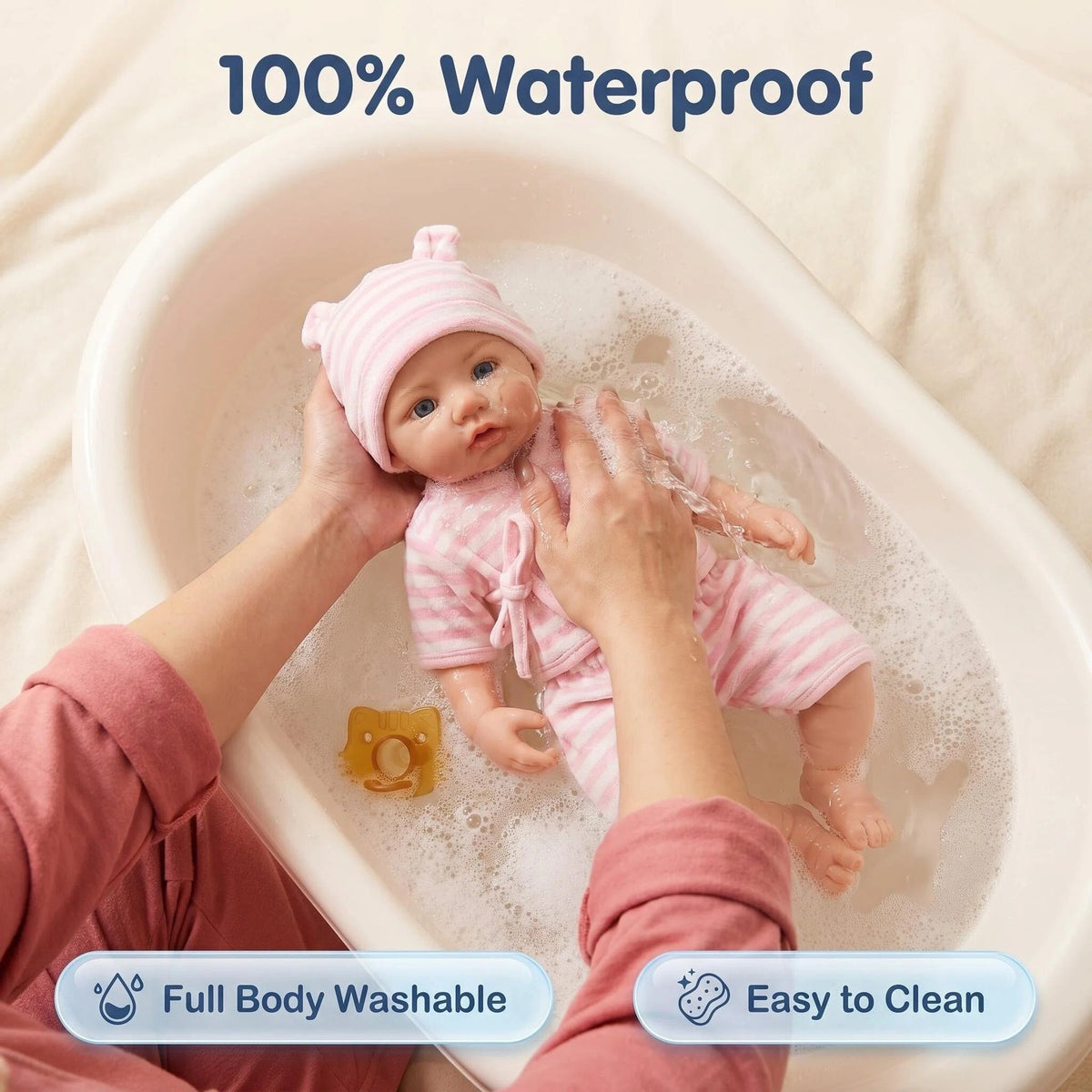 12 Zoll Reborn-Puppe mit Ganzkörper-Silikon in rosa gestreiftem Bärenohren-Hut und Wickel-Outfit, tragbares Kuschel-Begleitspielzeug für Kinder und erwachsene Sammler, ideales Überraschungsgeschenk für Geburtstage, Babypartys und Feiertage