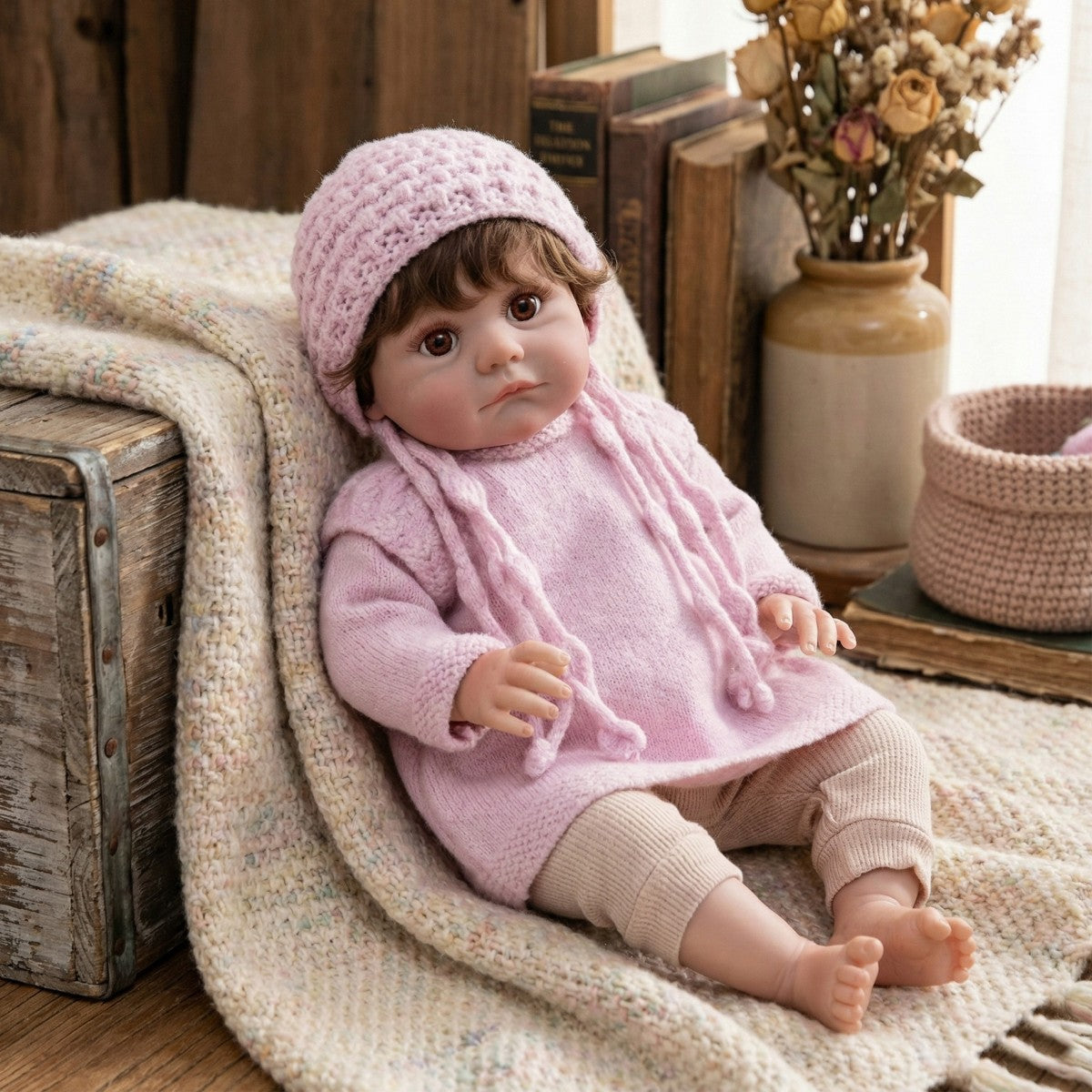 24 Zoll Reborn-Puppe mit implantierten Haaren und Stoffkörper, realistisches Baby-Spielzeug für Kinder, ideales Geschenk zu Feiertagen