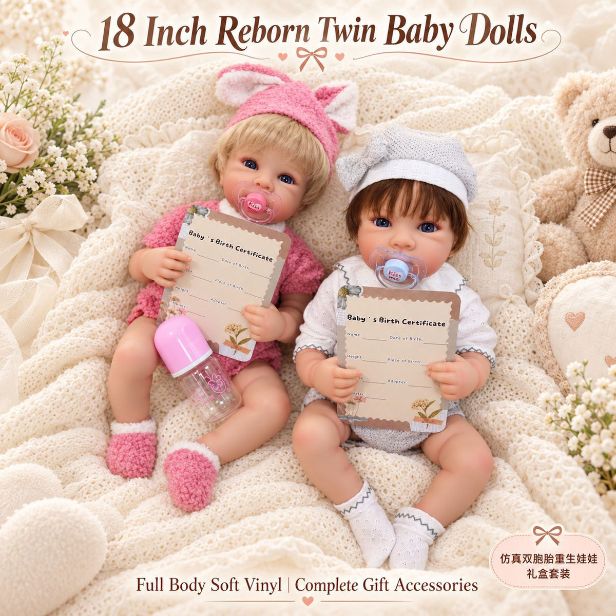 18 inch Reborn twin sister baby dolls, realistic infant dolls, vinyl dolls, gifts for children