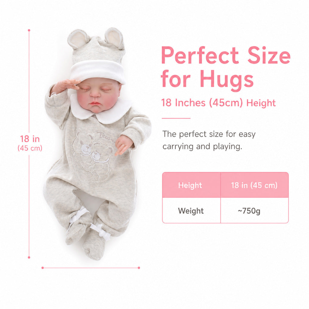 18 Zoll Reborn-Babypuppe mit Stoffkörper, schlafend, im Bären-Strampler, anschmiegsames Geschenk für Geburtstage & Feiertage
