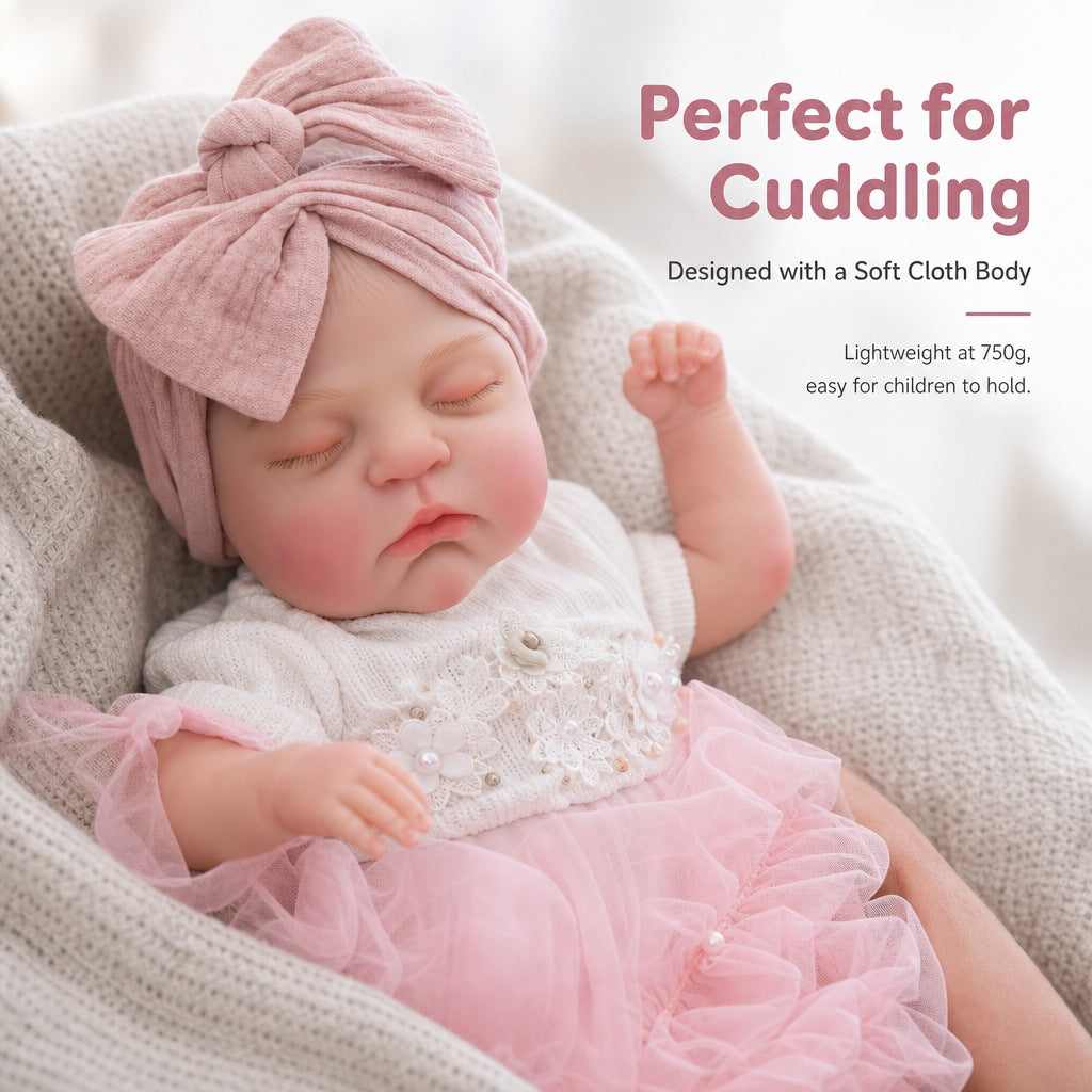 Lebensechte, schlafende Reborn-Puppe, 18 Zoll (ca. 46 cm) mit Stoffkörper, verknotetem rosa Stirnband, ideales Geschenk für Mädchen und Puppensammler