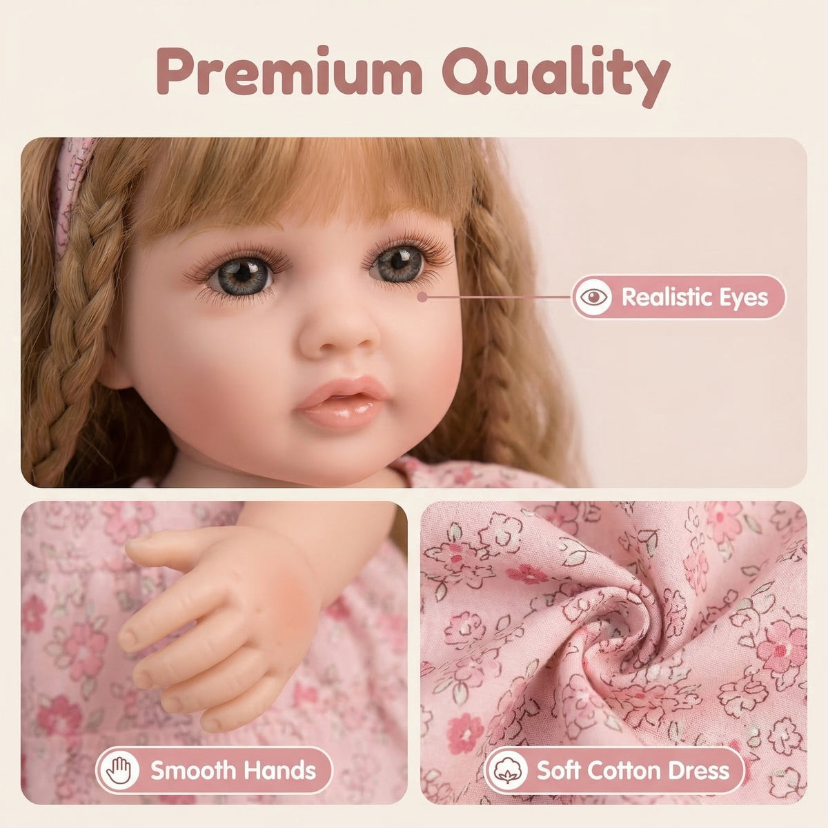 22 Zoll Reborn-Puppe Betty, handgefertigte lebensechte Babypuppe mit Blumenschleife