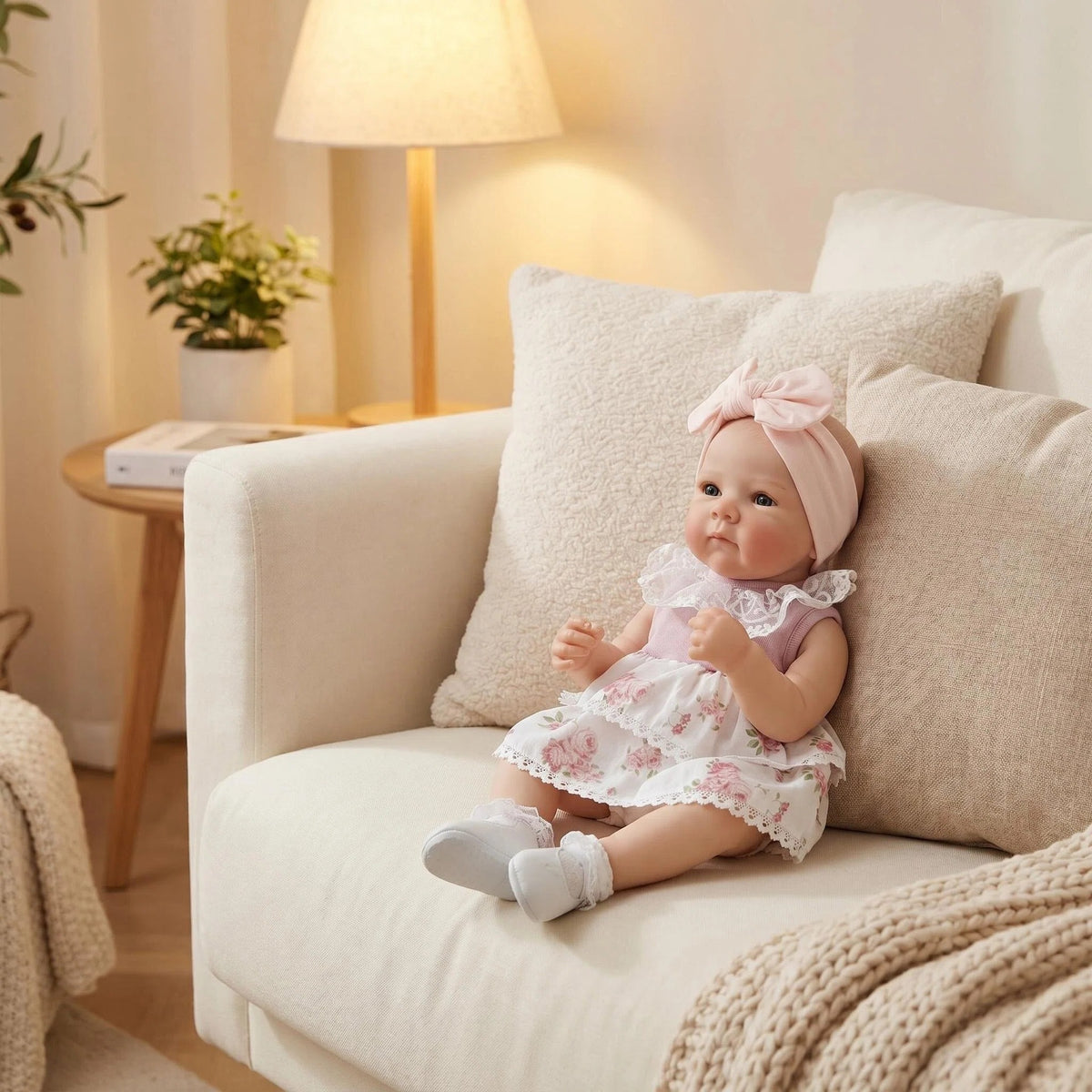Blumenkleid aus Spitze, 18-Zoll-Reborn-Puppe mit Ganzkörper-Vinyl, großer rosa Turban-Schleife, offenen Augen, realistischer Outdoor-Stil, neugeborenes Sammlerstück