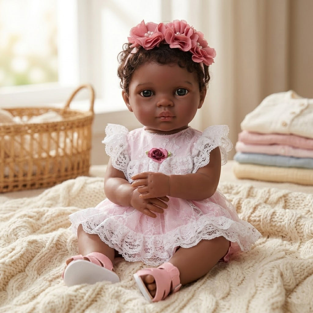 50 cm große, schwarze, lebensechte Reborn-Babypuppe, schwarze Haut, Vollkunststoff, Haar-Transplantation, afrikanische Mädchenpuppe