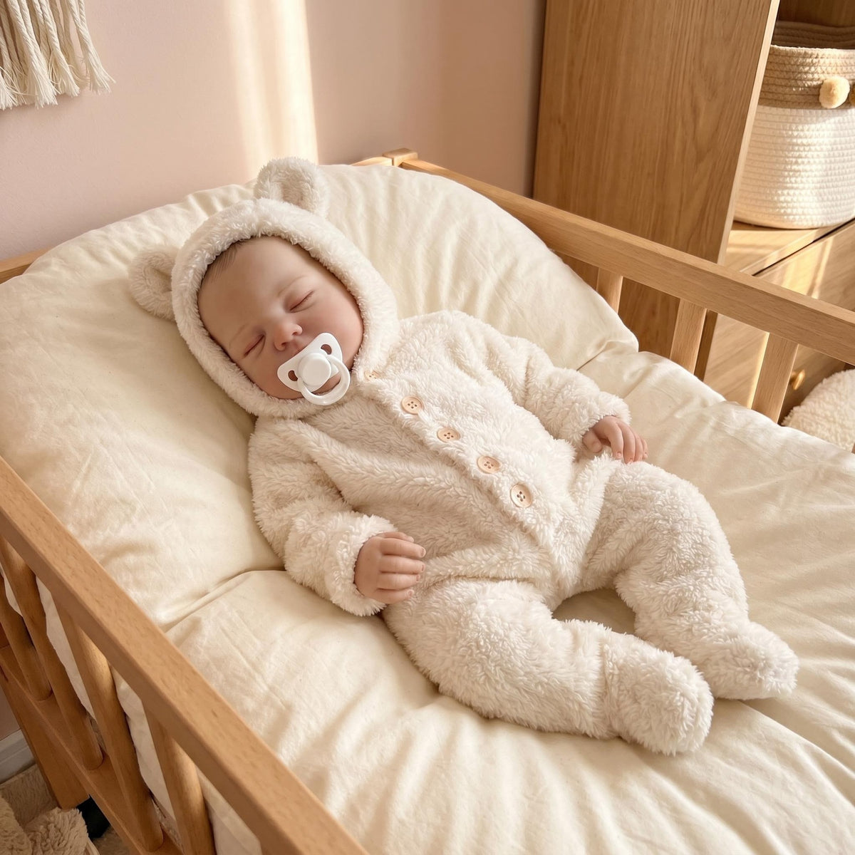 Lebensechte schlafende Babypuppe, 48 cm, mit Stoffkörper, Strampler mit Bärenkapuze, Begleitspielzeug für Babyfotoshootings und als Geschenk für jeden Anlass