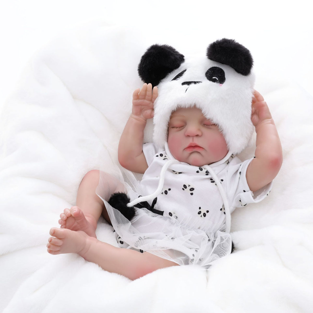 18-Zoll Reborn-Babypuppe mit Stoffkörper, schlafend, in süßem Panda-Outfit, Begleitgeschenk für Geburtstage und Feiertage